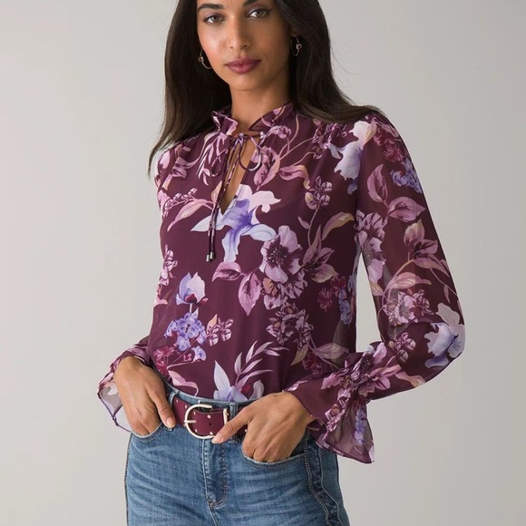 WHITE HOUSE BLACKMARKET Long Sleeve Tie Neck Printed Blouse burgundy Size M - Picture 2 of 9